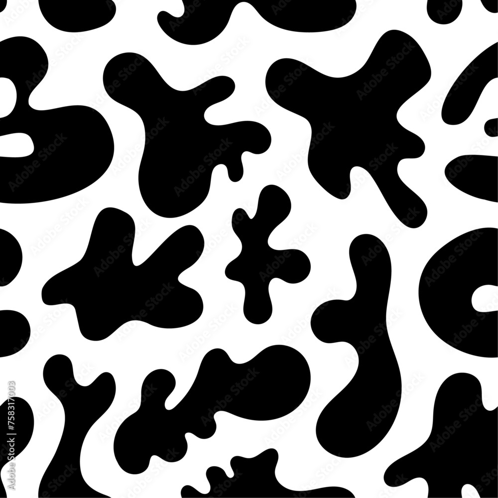 Black amoebic splatter like shapes arranged in vector seamless pattern. Biomorphic dark shapes on white backdrop. Appealing surface art for printing or use in graphic design projects. Black amoebic splatter like shapes arranged in vector seamless pattern. Biomorphic dark shapes on white backdrop. Appealing surface art for printing or use in graphic design projects.