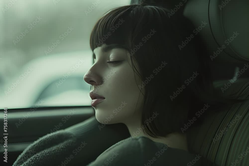 A serene woman sleeps peacefully in a car, her profile against the soft interior light, embodying tranquility and rest. A serene woman sleeps peacefully in a car, her profile against the soft interior light, embodying tranquility and rest.
