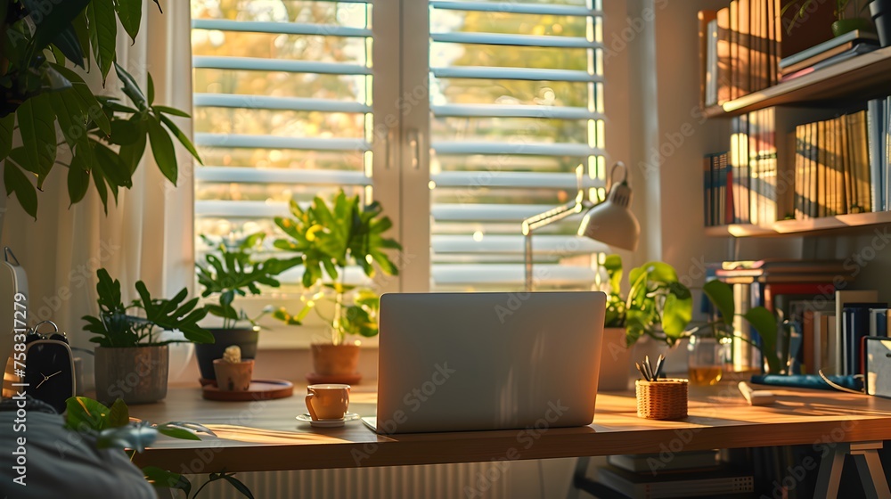 Warm Inviting Home Office with Plants and Morning Light - Generative AI Warm Inviting Home Office with Plants and Morning Light - Generative AI