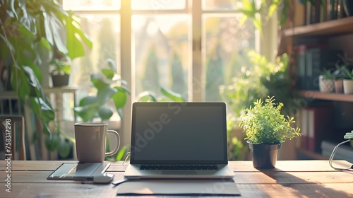 Peaceful Home Office Setup with Laptop and Natural Light - Generative AI