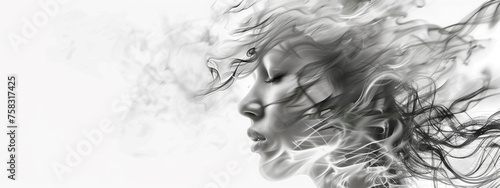Abstract artistic image of beautiful woman with wind in her hair. White background, copy sapce.