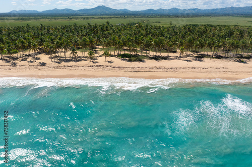 Tropical beach with resorts, palm trees and caribbean sea. Travel. Dominican Republic. Aerial view