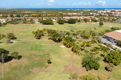 Golf club field, nobody. Aerial view