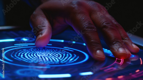 A persons hand engaging with a high-tech, glowing touchscreen panel emitting blue and red light, highlighting an advanced and interactive technology
