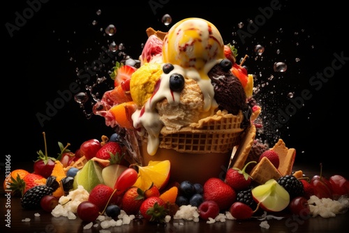 Colorful ice cream explosion with various flavors and toppings, ideal summer treat for indulgence © sorin