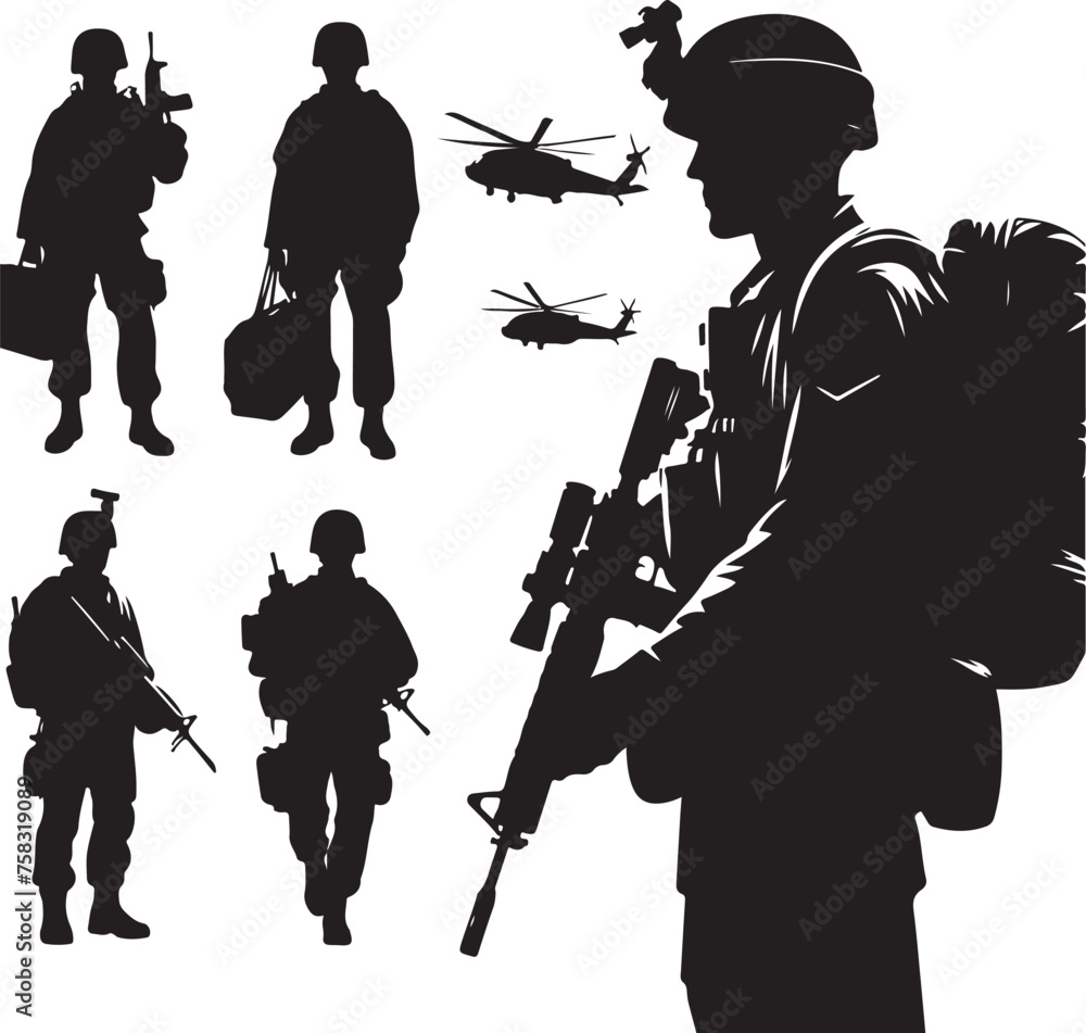 Silhouettes of American soldiers with guns and backpacks Silhouettes of American soldiers with guns and backpacks