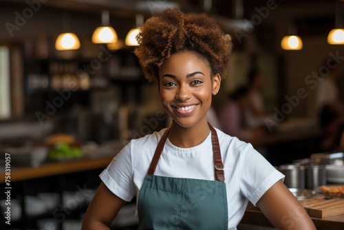 Female portrait. Restaurant chef in green apron. Young beautiful curly black woman looks at camera on blurred background of pastry shop, canteen. Waiter in hall of cafe. Concept of catering service