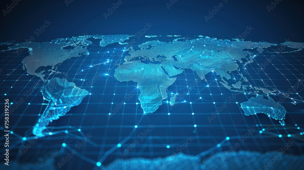 A detailed map of the world displayed on a plain blue background ...