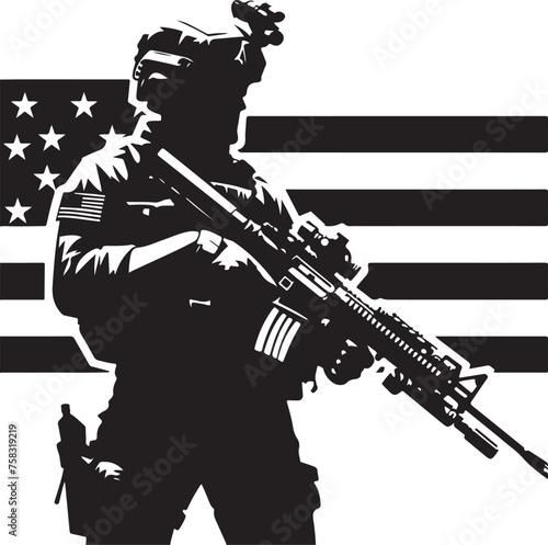 Silhouettes of American soldiers with guns and backpacks