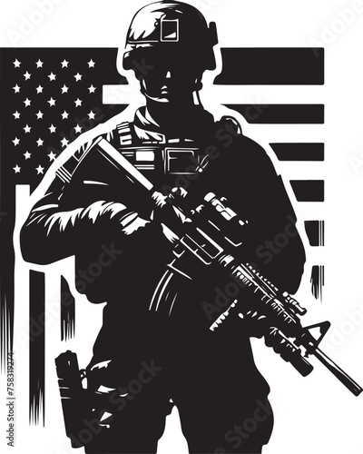 Silhouettes of American soldiers with guns and backpacks