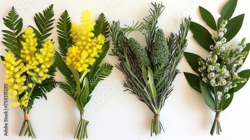 a group of different types of flowers on a white surface with green leaves and yellow flowers on each side of the flowers. photo