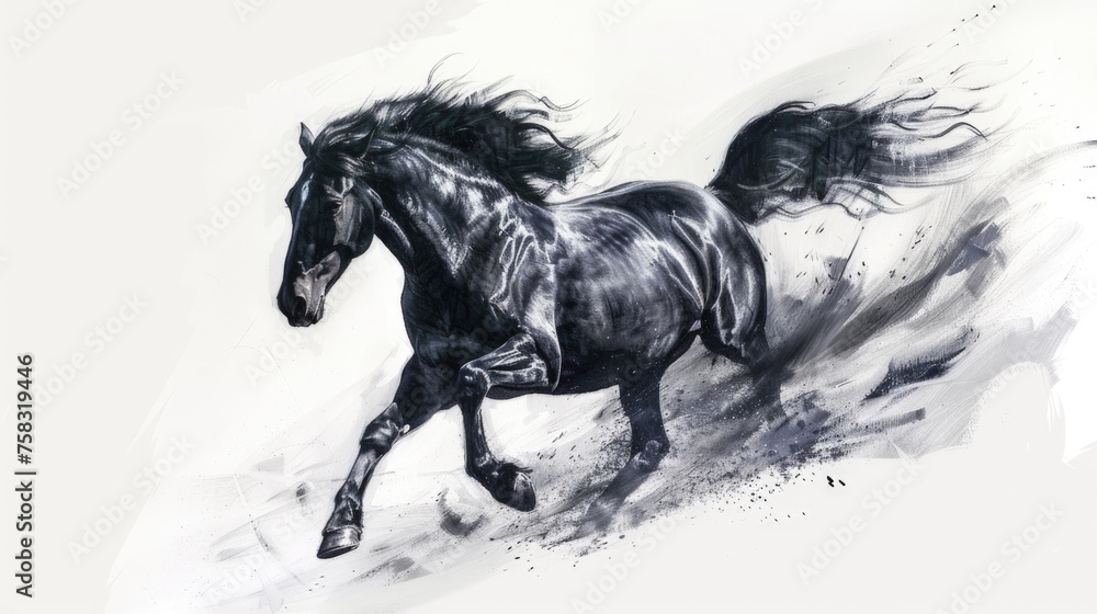 A dynamic black and white shot of a powerful horse in full stride, running with grace and speed A dynamic black and white shot of a powerful horse in full stride, running with grace and speed