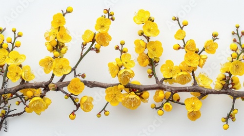 a close up of a branch with yellow flowers on it and a white wall in the background with a white wall in the background. photo