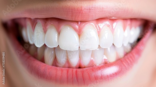 Beautiful female smile with healthy teeth. Close-up teeth after whitening procedure. Dentistry concept. Image symbolizes oral care dentistry. Can be used for advertising, marketing or presentation.