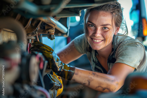 Gender equality image of a happy mechanicgirl , repairing bus engine in a workshop with a smile