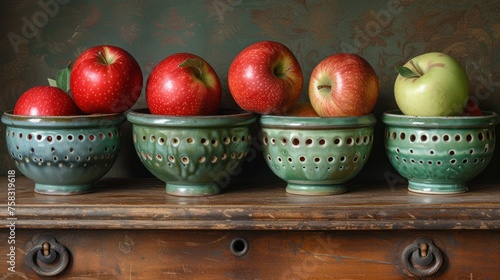 a row of green and red apples sitting on top of a wooden table next to another row of red and green apples. photo