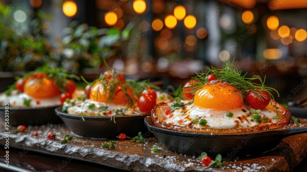 a close up of a plate of food with tomatoes and other food on a table with lights in the background.