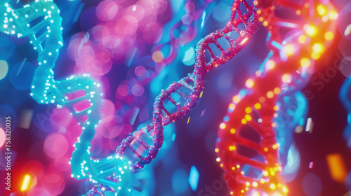 A vibrant illustration of DNA strands with a bokeh effect symbolizing genetic research and molecular biology photo
