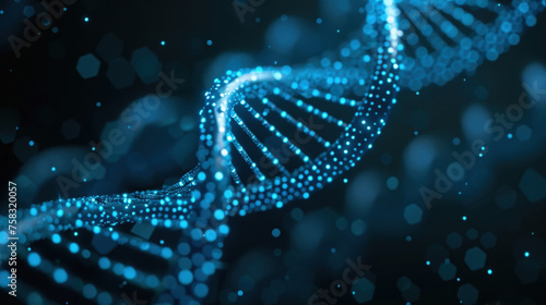 A detailed representation of a DNA double helix glowing with blue lights against a dark backdrop, symbolizing genetic research and biotechnology advancements