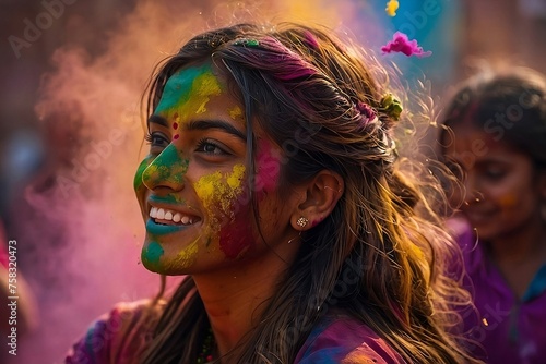 A stunning girl, her face and hair adorned with intricate henna designs, surrounded by a cloud of colorful paint dust as she joyfully celebrate holi festval in india.