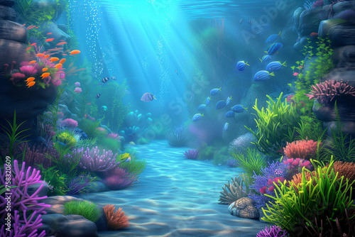 Mesmerizing underwater world with fish, corals, rocks and sand at the bottom in the sunlight breaking through the water