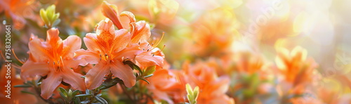 orange azaleas in full bloom radiate warmth against a soft  colorful backdrop