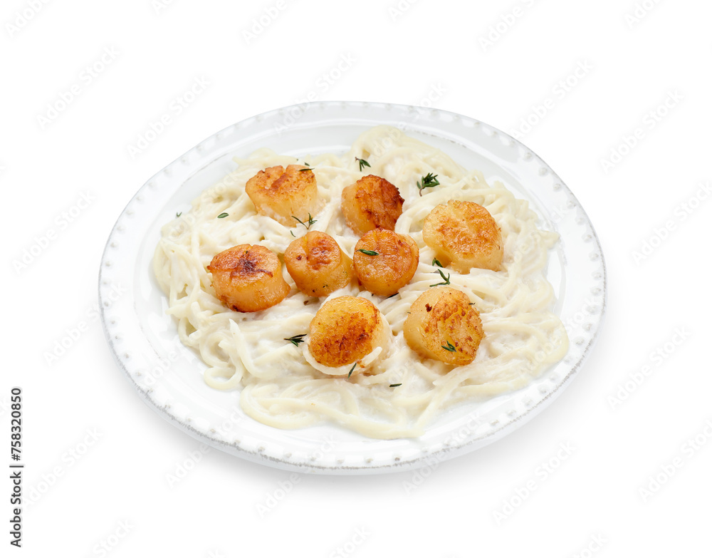 Delicious scallop pasta in plate isolated on white Delicious scallop pasta in plate isolated on white