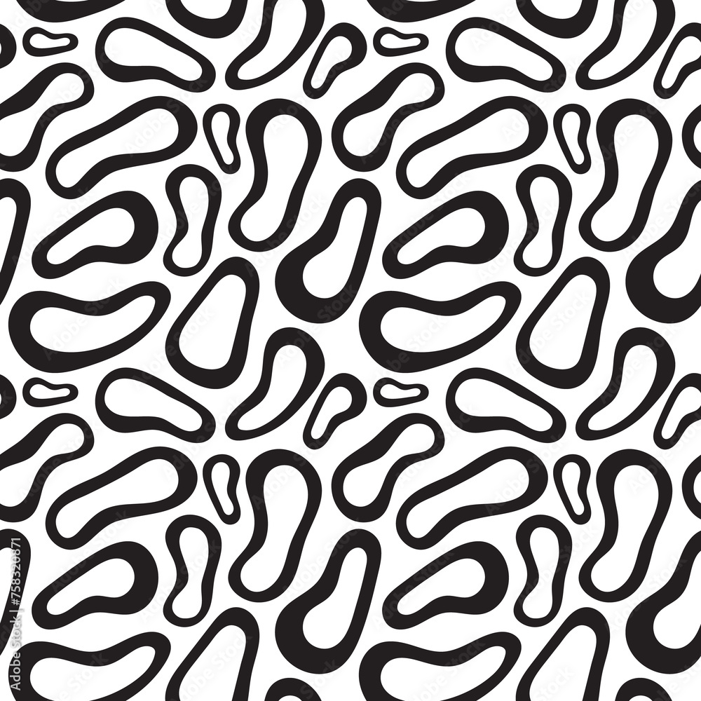 Black organic uneven rings on white background. Varying in size, squeezed bold rings organized in vector seamless pattern.