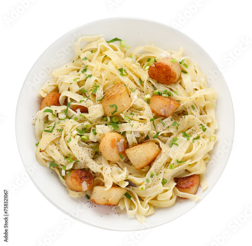 Delicious scallop pasta with spices in bowl isolated on white, top view