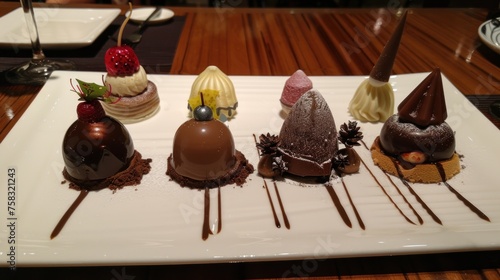 a white plate topped with four desserts on top of a wooden table next to a plate of chocolate and strawberries. photo