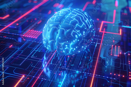 A brain rendered in glowing blue is interlaced with intricate circuit patterns, suggesting the integration of technology
