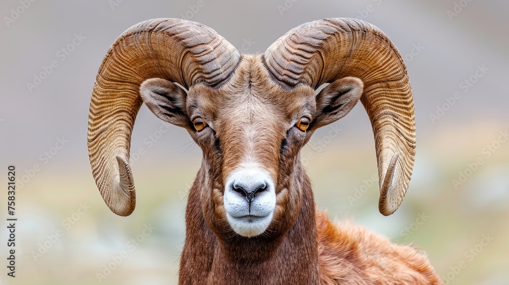 Close-up portrait of a ram with curved horns. Detailed image of the muzzle. A domestic animal is looking at something. Illustration for cover, card, poster, brochure or presentation.