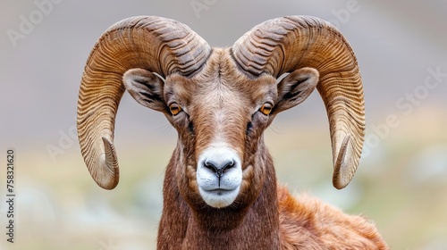 Close-up portrait of a ram with curved horns. Detailed image of the muzzle. A domestic animal is looking at something. Illustration for cover, card, poster, brochure or presentation.