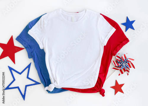 White T Shirt Mockup with 4th of July American Background. white t shirt mock up. Copy space blank white t-shirt flat lay 