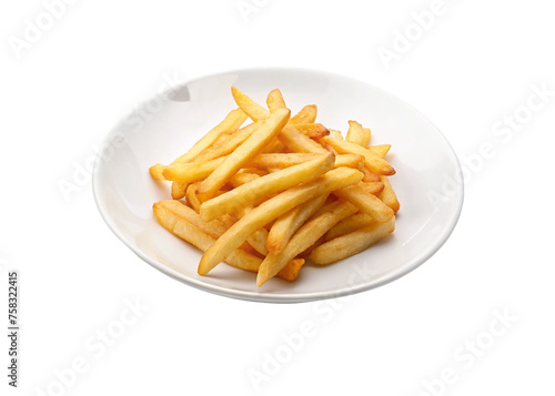 French fries potatoes on a plate isolated on a transparent background.