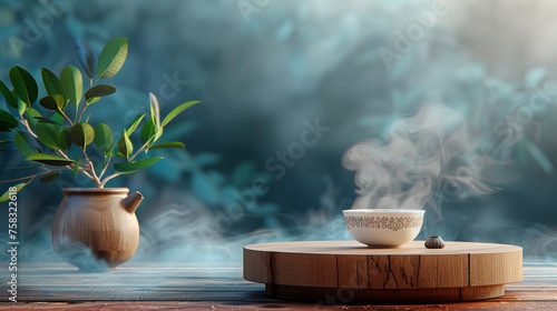 A 3D rendering of a tea canister and teacup displayed on a wooden podium. The canister features an engraved style with tea leaves and a smoke cloud emanating from it