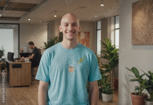 A man in a light blue t-shirt stands casually in a cozy, plant-filled workspace, exuding a relaxed, friendly vibe.
