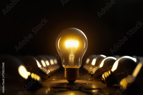 Illuminated light bulb in a row of dim ones concept for creativity, innovation and solution, idea concept, generative ai