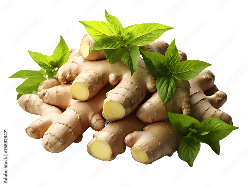 Fototapeta premium Pile of Fresh Ginger with Leaves Isolated on Transparent Background. Ginger Root or Rhizome