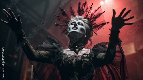 a dark theater hosts gothic performers with haunting makeup 