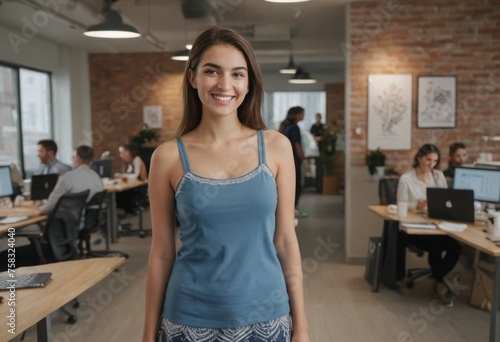 A casual woman in a blue tank top stands in a busy co-working space, her demeanor relaxed and friendly.