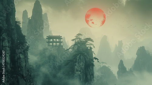 A mountain landscape in Japanese style. Rocky terrain with light fog, red sun and flying birds. Digital art in drawn style. Illustration for cover, card, postcard, interior design, poster, brochure.