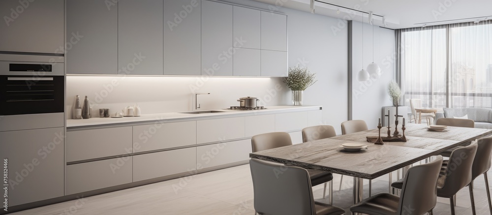 Minimalist kitchen with gray furniture in a luxurious white-walled apartment Minimalist kitchen with gray furniture in a luxurious white-walled apartment