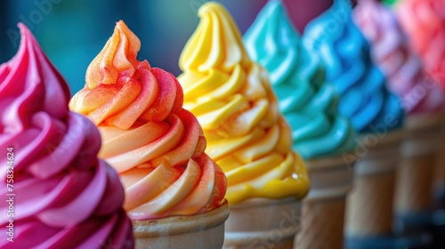 a row of colorful ice cream cones sitting on top of each other in ice cream cones on top of each other.