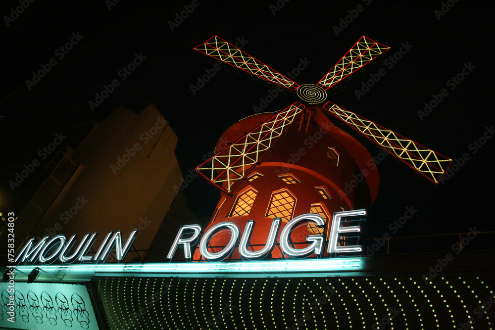 Poster for the famous Moulin Rouge cabaret in Paris, France. Detail of ...