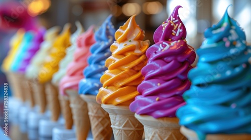 a row of colorful ice cream cones with sprinkles on top of each ice cream cone on a table.