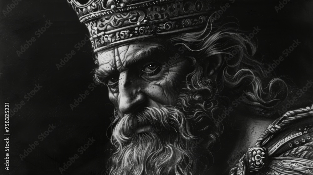 Monochrome charcoal drawing of a wise and regal King Solomon in a serious portrait - obrazy, fototapety, plakaty 
