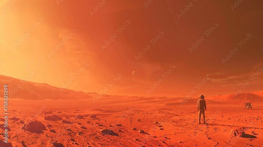 A lone astronaut steps forward on a rocky desert planet. Science fiction universe exploration. Future concept. Illustration for cover, card, postcard, interior design, poster, brochure or presentation