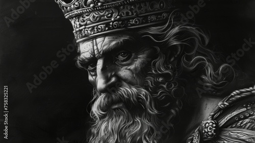 Monochrome charcoal drawing of a wise and regal King Solomon in a serious portrait photo