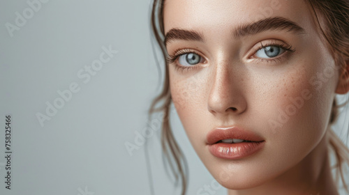 Close up of a woman with freckles. Suitable for beauty or skincare concepts